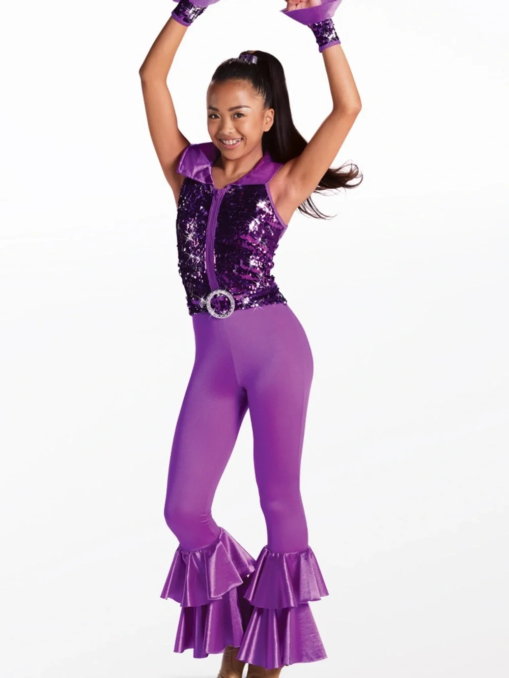 Weissman Disco Purple Sequin Dance Jumpsuit with Ruffle Hems